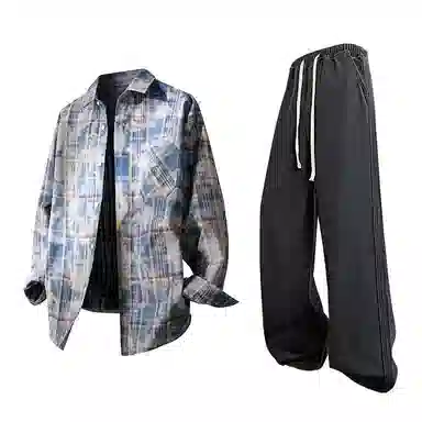 布客行 免搭配一套白云多彩格子学院风高街单排扣扎染休闲宽松衬衣外套美式复古直筒抽绳松紧腰微喇基础柔软牛仔裤衬衫套装 男女同款