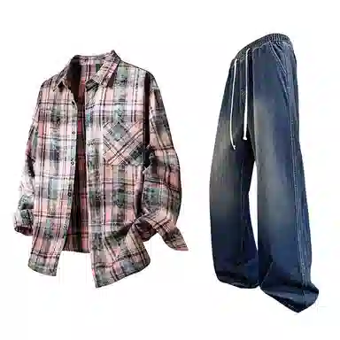 布客行 免搭配一套学院风扎染高街条纹多彩格子单排扣内搭休闲宽松衬衣外套美式复古直筒抽绳松紧腰微喇柔软牛仔裤衬衫套装 男女同款