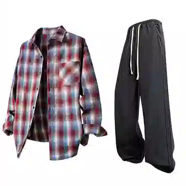 【免搭配一套】布客行 条纹多彩格子学院风扎染高街单排扣内搭休闲宽松衬衣外套美式复古直筒抽绳松紧腰微喇柔软牛仔裤衬衫套装 男女同款