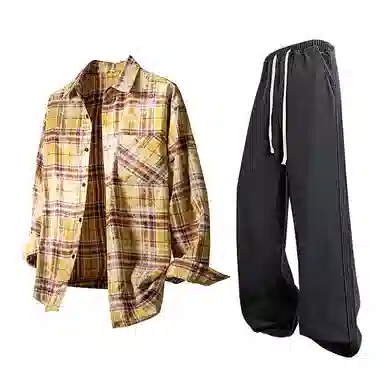 布客行 免搭配一套学院风扎染高街条纹多彩格子单排扣内搭休闲宽松衬衣外套美式复古直筒抽绳松紧腰微喇柔软牛仔裤衬衫套装 男女同款