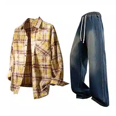 布客行 免搭配一套学院风扎染高街条纹多彩格子单排扣内搭休闲宽松衬衣外套美式复古直筒抽绳松紧腰微喇柔软牛仔裤衬衫套装 男女同款