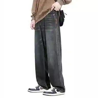 顶峰保罗 美式复古高街水洗做旧星空纹阔腿无性别主义直筒休闲运动潮牌长裤弹力显高显瘦宽松大码简约百搭加绒加厚垂感牛仔裤 男女同款