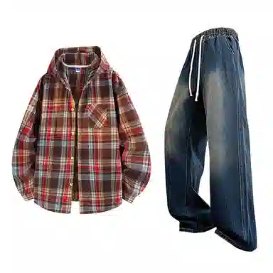 【免搭配一套】布客行 连帽开衫格子学院风高街单排扣休闲宽松衬衣外套美式复古直筒抽绳松紧腰微喇基础款柔软牛仔裤衬衫套装 男女同款