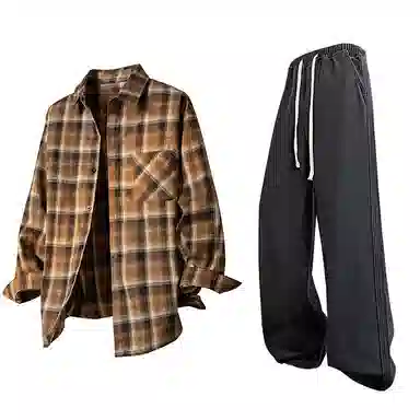 【免搭配一套】布客行 条纹多彩格子学院风扎染高街单排扣内搭休闲宽松衬衣外套美式复古直筒抽绳松紧腰微喇柔软牛仔裤衬衫套装 男女同款