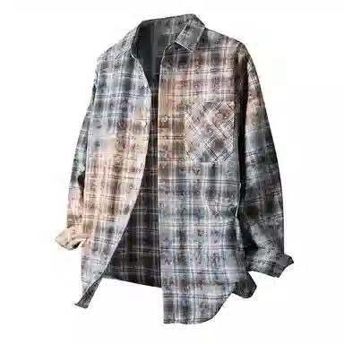 【免搭配一套】布客行 学院风扎染高街单排扣条纹多彩格子内搭休闲宽松衬衣外套美式复古直筒抽绳松紧腰微喇柔软牛仔裤衬衫套装 男女同款