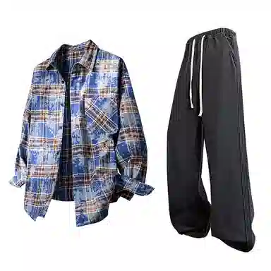 布客行 免搭配一套学院风扎染高街条纹多彩格子单排扣内搭休闲宽松衬衣外套美式复古直筒抽绳松紧腰微喇柔软牛仔裤衬衫套装 男女同款