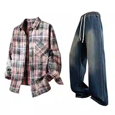 布客行 免搭配一套学院风扎染高街条纹多彩格子单排扣内搭休闲宽松衬衣外套美式复古直筒抽绳松紧腰微喇柔软牛仔裤衬衫套装 男女同款