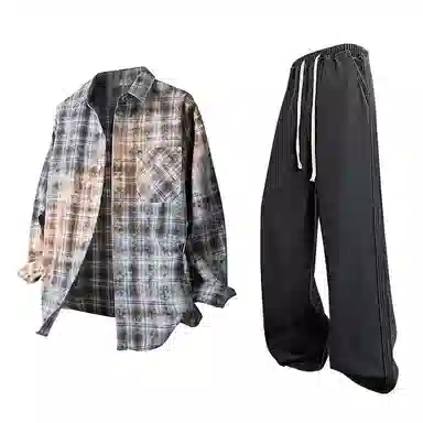 【免搭配一套】布客行 学院风扎染高街单排扣条纹多彩格子内搭休闲宽松衬衣外套美式复古直筒抽绳松紧腰微喇柔软牛仔裤衬衫套装 男女同款