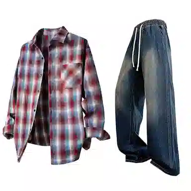 【免搭配一套】布客行 条纹多彩格子学院风扎染高街单排扣内搭休闲宽松衬衣外套美式复古直筒抽绳松紧腰微喇柔软牛仔裤衬衫套装 男女同款