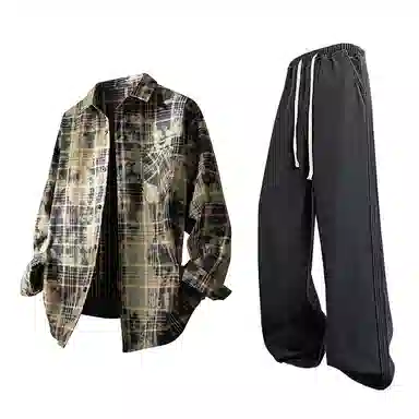 布客行 免搭配一套白云多彩格子学院风高街单排扣扎染休闲宽松衬衣外套美式复古直筒抽绳松紧腰微喇基础柔软牛仔裤衬衫套装 男女同款