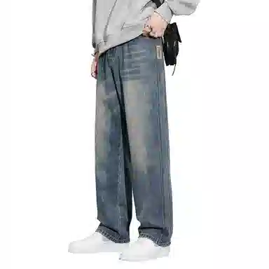 顶峰保罗 美式复古高街水洗做旧星空纹阔腿无性别主义直筒休闲运动潮牌长裤弹力显高显瘦宽松大码简约百搭加绒加厚垂感牛仔裤 男女同款