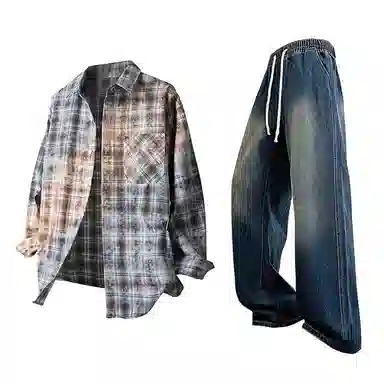 【免搭配一套】布客行 学院风扎染高街单排扣条纹多彩格子内搭休闲宽松衬衣外套美式复古直筒抽绳松紧腰微喇柔软牛仔裤衬衫套装 男女同款