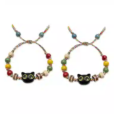 【Lucky幸运大眼猫咪】 攸委 可爱高级感彩色编织绳小猫可调节 复古新中式小众设计感 百搭学生一对简约饰品 柴木 手串 男女同款情侣款