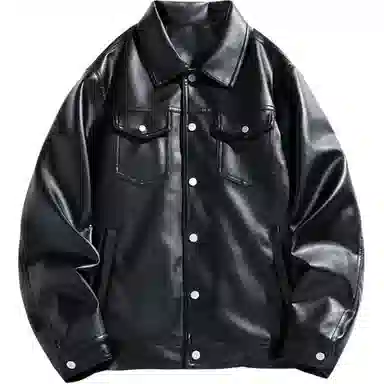 老爷车 春秋季简约宽松外套翻领纯色休闲舒适百搭运动皮衣 男款