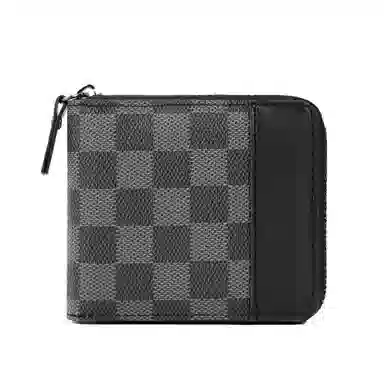 老人头 时尚潮流简约风格商务短款通勤棋盘格设计票夹钱夹 合成革 钱包 男款 黑色