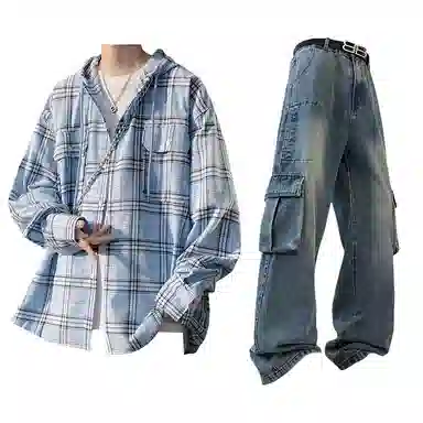 布客行 免搭配一套港风连帽开衫条纹格子高街休闲宽松衬衣外套美式复古直筒抽绳松紧腰微喇基础款柔软牛仔裤衬衫套装 男女同款