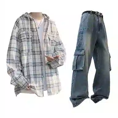 布客行 免搭配一套港风连帽开衫条纹格子高街休闲宽松衬衣外套美式复古直筒抽绳松紧腰微喇基础款柔软牛仔裤衬衫套装 男女同款