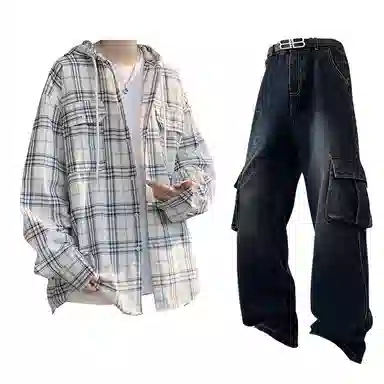 布客行 免搭配一套港风连帽开衫条纹格子高街休闲宽松衬衣外套美式复古直筒抽绳松紧腰微喇基础款柔软牛仔裤衬衫套装 男女同款
