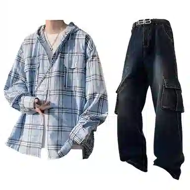 布客行 免搭配一套港风连帽开衫条纹格子高街休闲宽松衬衣外套美式复古直筒抽绳松紧腰微喇基础款柔软牛仔裤衬衫套装 男女同款