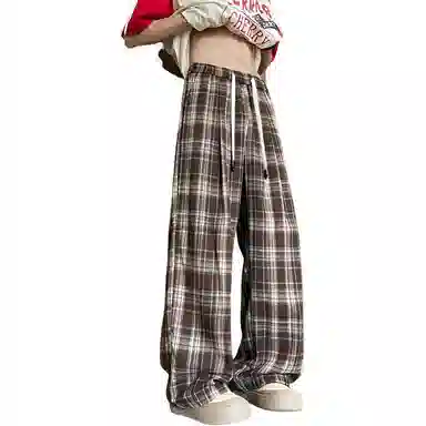 【抽绳格子回潮可穿230斤】布客行 美式复古港风嘻哈高街运动时尚百搭日常出街垂感慵懒宽松舒适华棉直筒青少年长裤休闲裤 男女同款