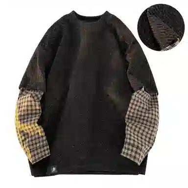 稻草人 美式复古大码假两件格纹撞色银丝斜纹满天星面料拼接设计高街圆领落肩套头秋季卫衣 男女同款