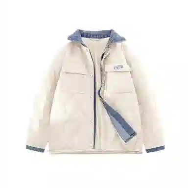 鸭鸭 牛仔翻领绗缝设计保暖外套时尚撞色百搭款拼接户外冬季长袖羽绒服 男女同款