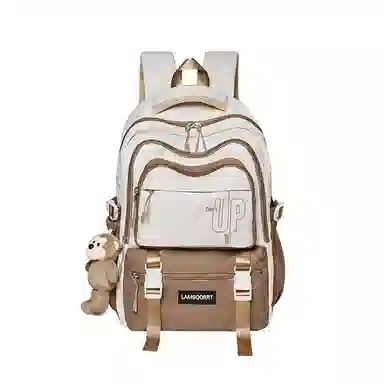 纳兰杜 撞色潮流百搭上课 织物 书包双肩包 大号 男女同款情侣款 奶茶色/酒红色/粉拼蓝