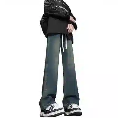 【巴黎柳叶弯刀裤】布客行 美式复古水洗直筒基础款高街舒适亲肤透气休闲百搭微喇纯色长裤显高显瘦显腿长弹力抽绳松紧腰牛仔裤 男女同款