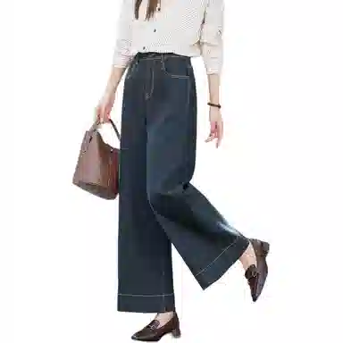 【dme】 秋季立体中高腰撞色压线直筒阔腿宽松藏肉显瘦口袋显高牛仔裤 女款