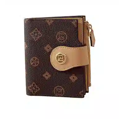 老人头 满印小众设计高级质感通勤优雅老花短款多功能多卡位票夹卡包 合成革 钱包 女款 咖色