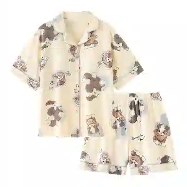 静英鸾 带胸垫短袖短裤翻领开衫可爱卡通小狗休闲舒适家居服睡衣套装 女款