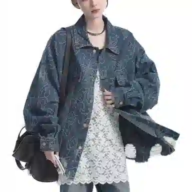 邓大喵 下摆破洞蝴蝶提花女中长款早春秋季毛边流苏刺绣夹克上衣牛仔外套 女款