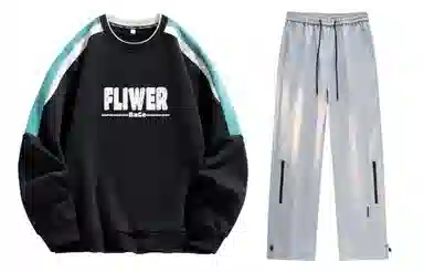 八哥 美式嘻哈街头复古字母印花撞色基础款圆领落肩卫衣搭配个性时尚百搭侧边拉链防风户外通勤伞兵裤休闲运动套装 男女同款