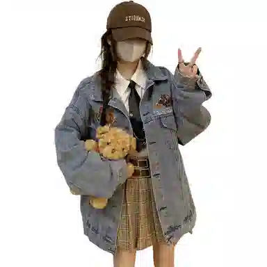 邓大喵 春季重工刺绣小熊女高级感炸街宽松夹克上衣潮牌牛仔外套 女款