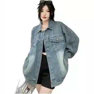 邓大喵 美式水洗复古百搭秋季女高街潮牌宽松情侣夹克牛仔外套 女款