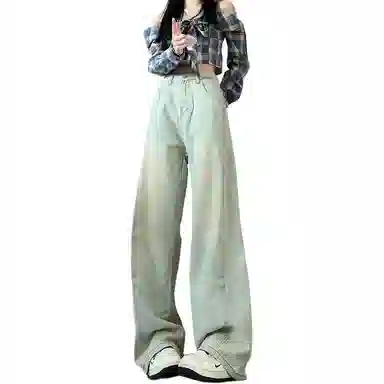 欧迪芬 复古浅色水洗做旧阔腿裤女秋季高腰宽松显瘦直筒拖地裤子 牛仔裤 女款