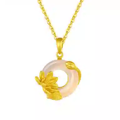 中国珠宝 平安扣荷花锁骨链 新中式国潮复古设计 福运经典东方古韵幸福美满  精致轻奢高级贵气小众设计感饰品 玉髓 玉石项链 女款