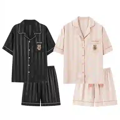 静英鸾 凉感短袖条纹可爱小熊开衫家居服睡衣套装 男女同款