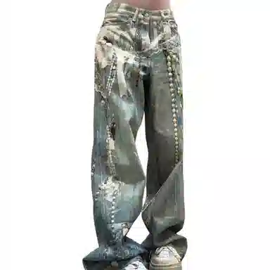 MORii 3D Digital Print Lace Pearl Chain Cargo Jeans