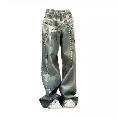 MORii 3D Digital Print Lace Pearl Chain Cargo Jeans