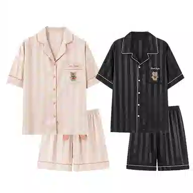 静英鸾 凉感短袖条纹可爱小熊开衫家居服睡衣套装 男女同款