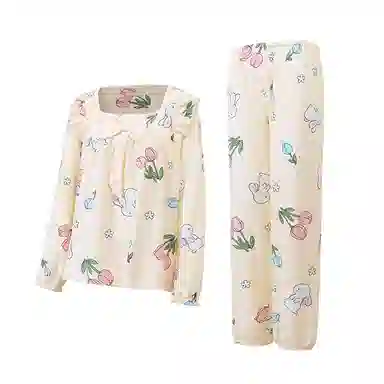 静英鸾 德绒长袖长裤方领套头可爱卡通花朵兔子两件套家居服秋冬季保暖套装 女款