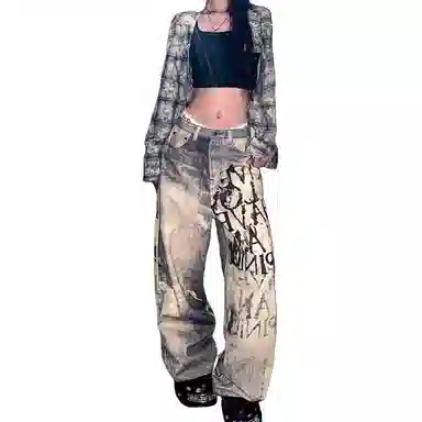 识恩 适中时尚宽松阔腿高腰牛仔裤 女款