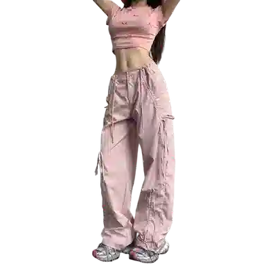 欧迪芬 甜酷辣妹潮流时尚爵士街舞美式设计感系绳蝴蝶结百搭显瘦宽松高腰阔腿裤工装裤 女款