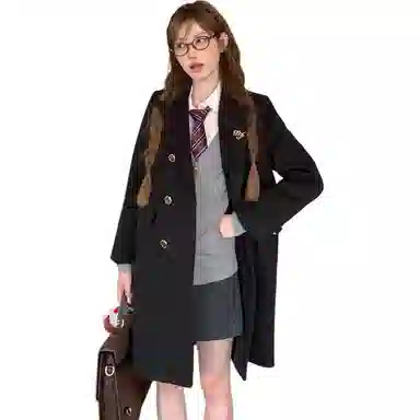 东鲸岁时记 开学季高级感保暖舒适夹棉学院风双排扣女毛呢外套中长款毕业季大衣 女款