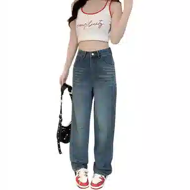 淑好百 蓝色大码复古高腰牛仔裤 女款