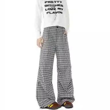 欧迪芬 美式褶皱做旧英伦风松弛直筒格子设计感宽松港风青春少年感流行高街韩系简约潮流痞帅时尚个性舒适透气百搭无性别休闲裤 男女同款