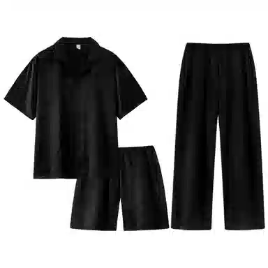 静英鸾 翻领三件套纯色简约风休闲舒适家居服睡衣套装 男女同款