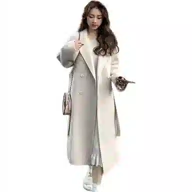 桴生 韩版宽松加厚中长款系带过膝显瘦直筒毛呢西服外套女大衣 女款