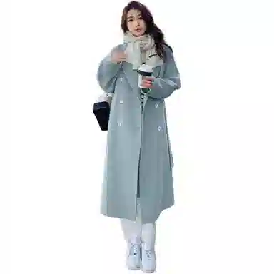 桴生 韩版宽松加厚中长款系带过膝显瘦直筒毛呢西服外套女大衣 女款